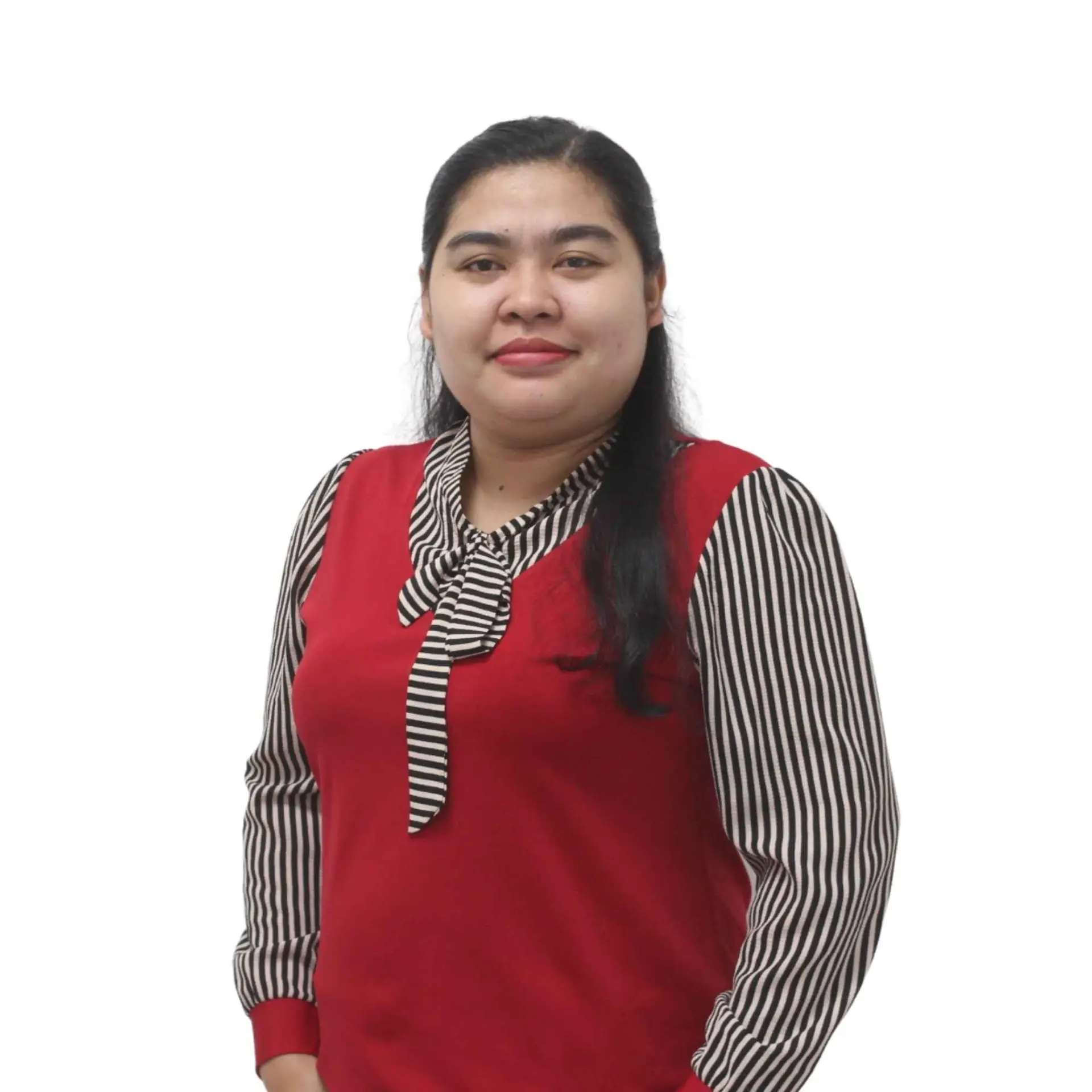 Female team member in a red and striped blouse, posing confidently for a professional photo.