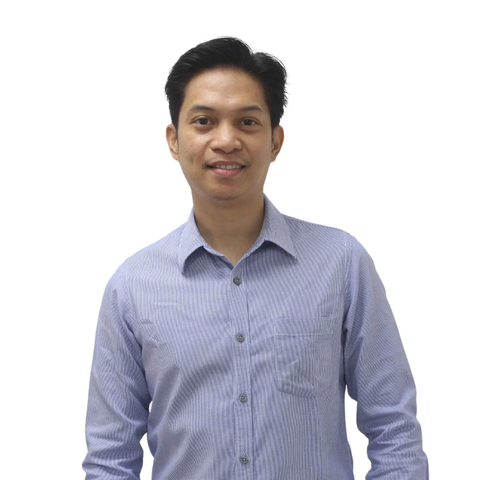 Male team member in a striped blue shirt, smiling in a formal headshot.