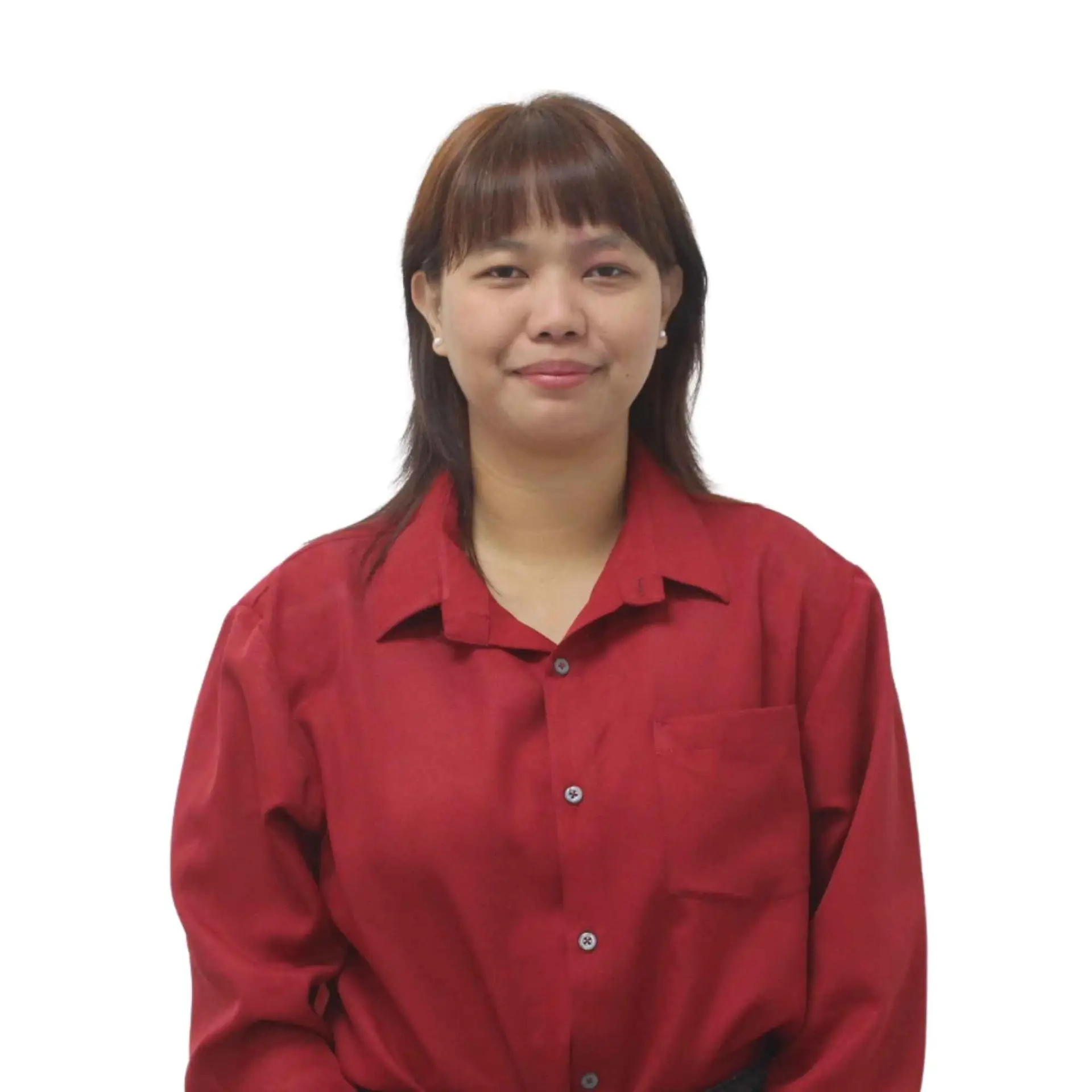 Female team member in a red shirt, smiling softly in a formal portrait.