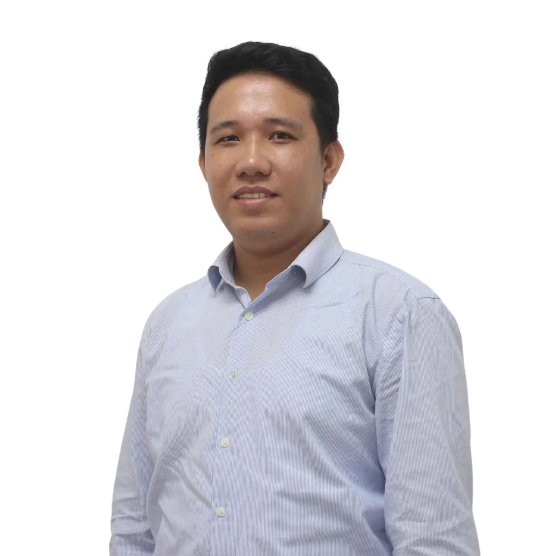 Formal portrait of a smiling male team member in a blue collared shirt.