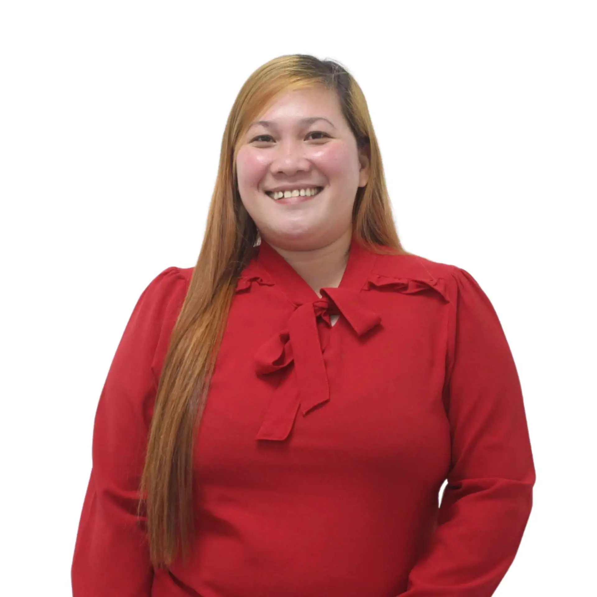 Smiling female team member with long hair, wearing a red blouse in a formal portrait.