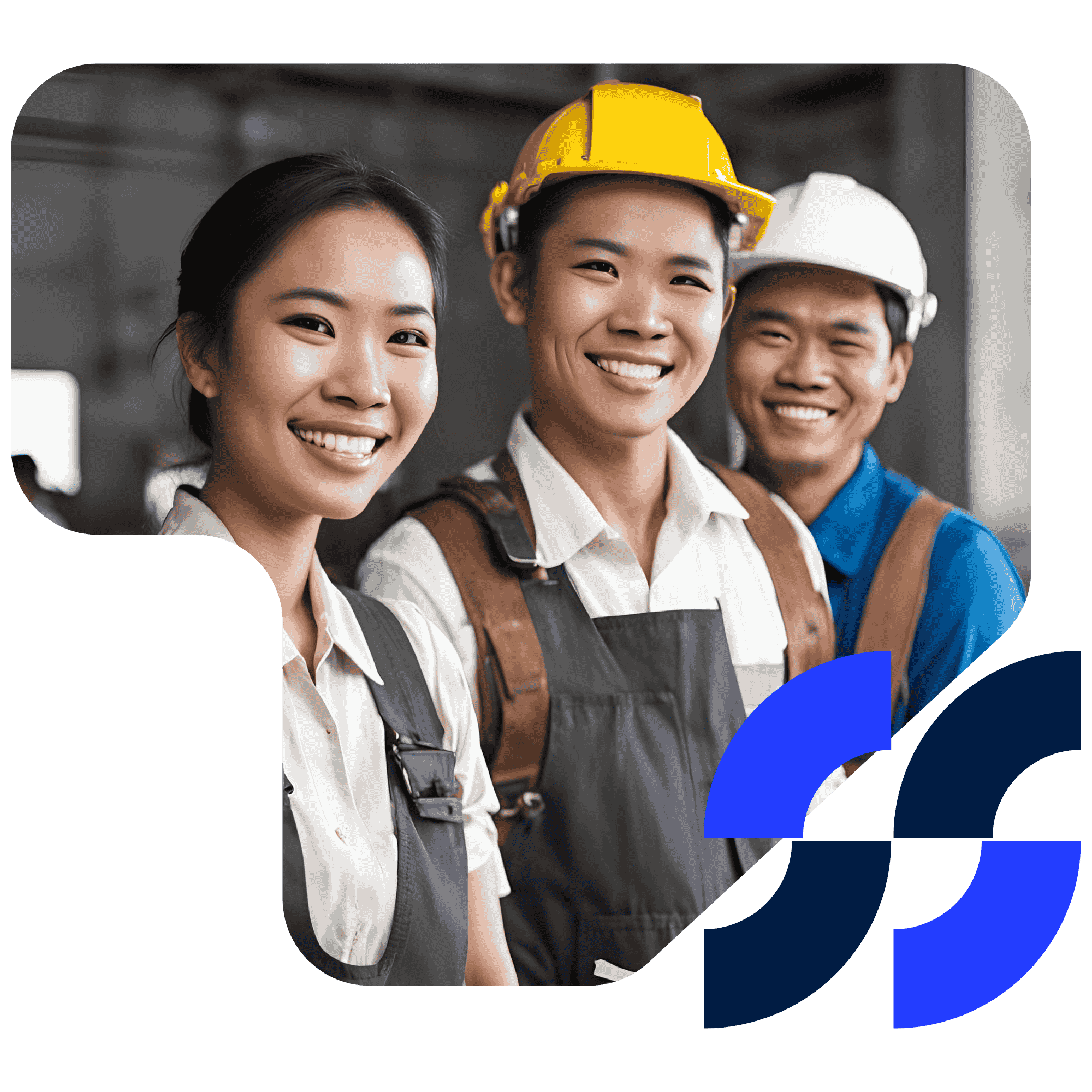 Three construction workers in safety helmets and overalls, smiling confidently at the camera.