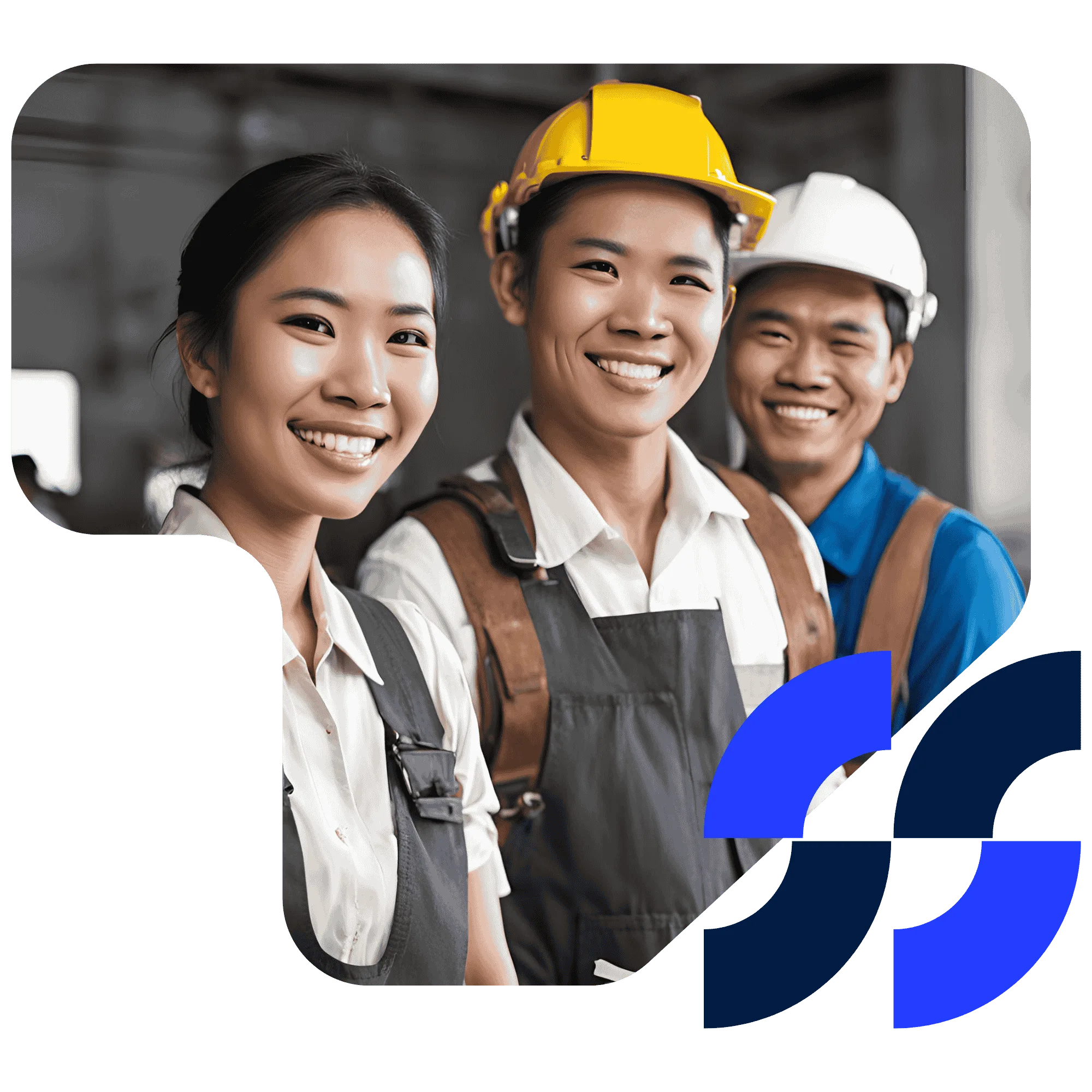 Three construction workers in safety helmets and overalls, smiling confidently at the camera.
