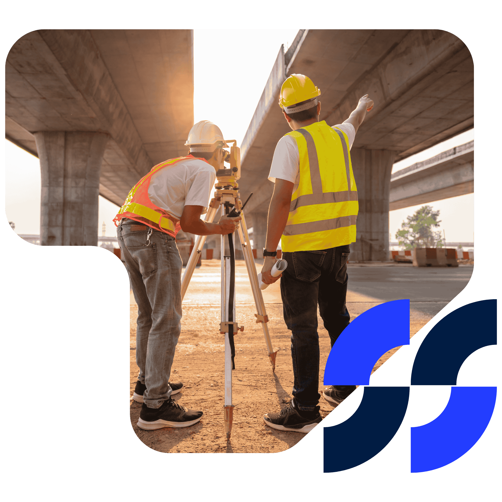 Two engineering surveyors use a theodolite to align measurements for a highway project under a bridge.